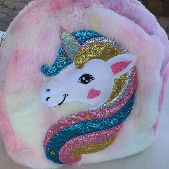 Colorful Unicorn Appliquéd Faux Fur Backpack - Picture 2 of 9